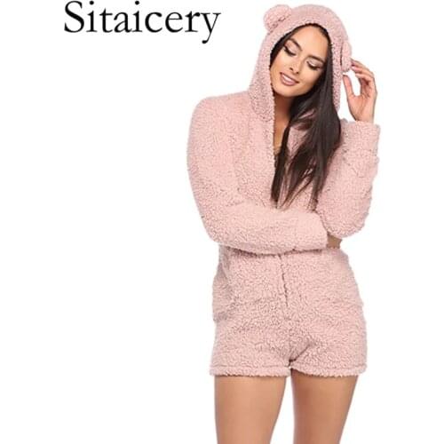 Sitaicery Warm Pajamas Onsie Women Autumn Winter Hooded Rabbit Ear Fleece Velvet Sleepwear Short Jumpsuit Onesies For Adults