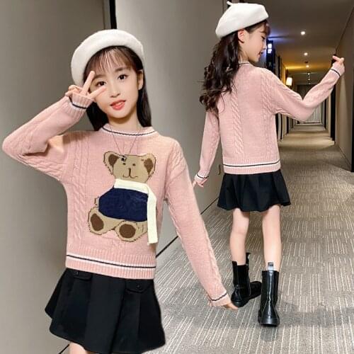 Girl Sweater Kids Baby Outwear Tops 2021 Bear Fleece Thicken Warm Winter Autumn Knitting Flexible Children Clothing