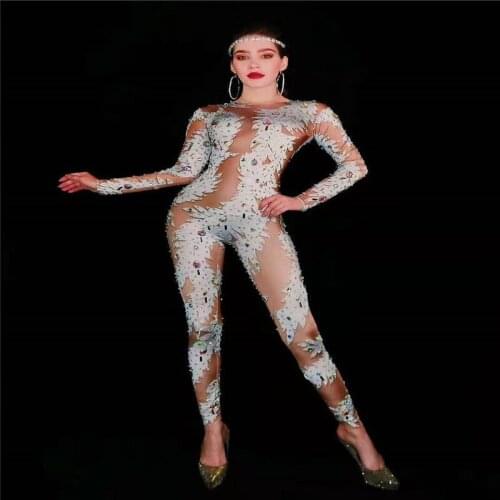 T31 Female elastoc white nude petal leaf printing crystals jumpsuit dj wears long sleeve rhinestones bodysuit dance costume bar