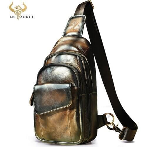 Trend Men Genuine Leather Retro Coffee Triangle Sling Chest Bag 8" Tablet Design Travel One Shoulder Cross body Bag Male 8013