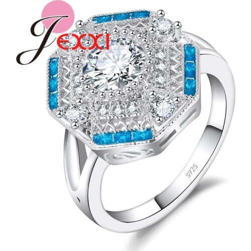 Trendy Blue & White Cubic Zirconia Hexagon Design Rings for Women 925 Sterling Silver Finger Wedding Jewelry
