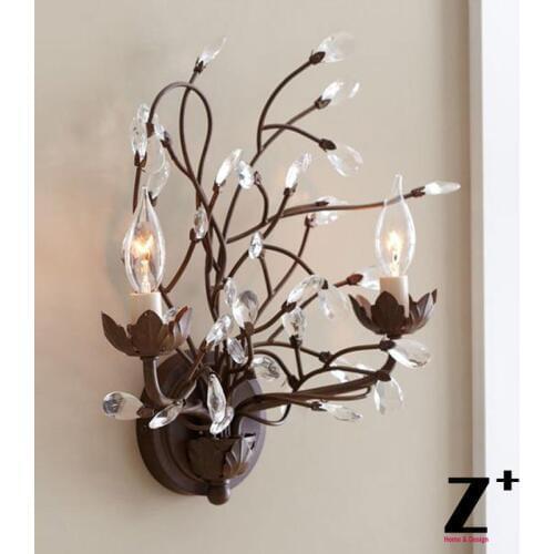 American Country Style Vintage K9 Crystal Wall lamp E14 Tree branch wrought Rion Made Free Shipping wall sconce