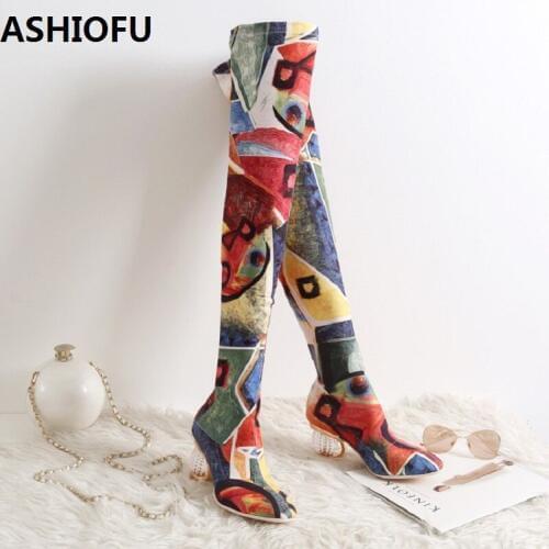 ASHIOFU New Sexy Womens Thigh High Boots Patchwork Leather Party Prom Strange-heel Over Knee Boots Fashion Dress Evening Boots