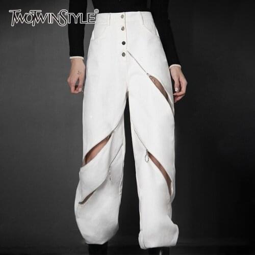 TWOTWINSTYLE White Patchwork Zipper Cut Out Loose Pants For Women High Waist Korean Fashion Wide Leg Pant For Women 2021 Clothes