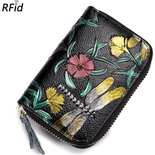 2020 Rfid Female Credit Card Holder Flower Coin Wallet Purses Small Women Genuine Leather Print Zipper Girls Hot Mini Vintage