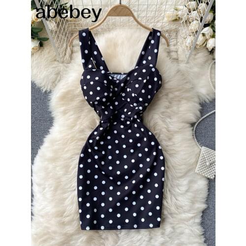 Korean Sweet Dot Strap Dress Women Sexy V Neck Sleeveless A-line Dresses Summer Off Shoulder Retro Plaid Mini Dress