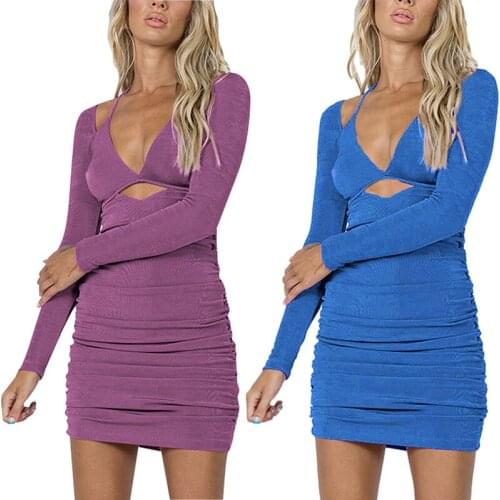 Women Cutout Halter Dress Autumn Ruched Tie-up Solid Color Long Sleeve Slim Mini Dress Female Ladies Clothes Sundress Spring New
