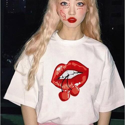 %100 Cotton Summer Print Red Lips Kisses Ladies Black T-Shirt Funny Femme Harajuku Ladies Clothing Top Direct Selling Punk