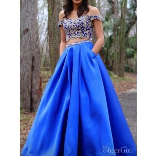 2021 Long Satin 2 Piece Prom Dresses with Pockets Off Shoulder Appliques Formal Evening Party Ball Gowns vestidos de gala