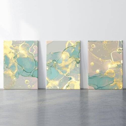 3Pieces Marble Canvas Prints Gold Pink Green Texture Decorative Poster Wall Art Canvas Painting Abstract Picture for Living Room