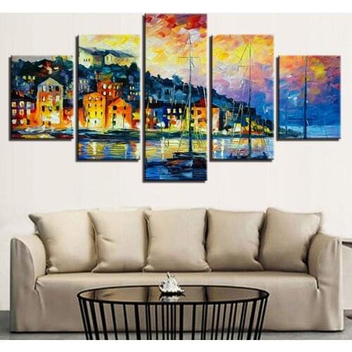 5Pcs Canvas Art Print Home Decoration Impression Oil Painting Seaside Town Mural Living Room Decor Bedside Wall Art Decor Poster