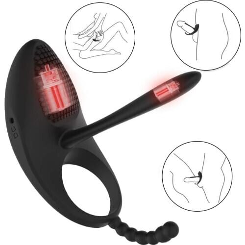 7 Vibration Modes Dual Motors For Longer Harder Erection Vibrating Cock Ring With Tongue Clitoral Stimulator Raised Anal Beads