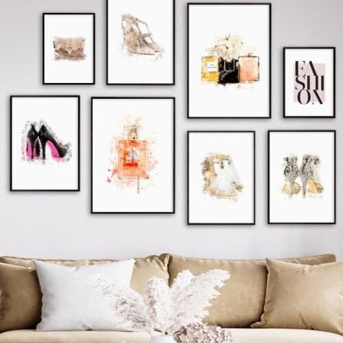 Watercolor High Heels Paris Perfume Handbag Wall Art Canvas Painting Nordic Posters Prints Wall Pictures For Living Room Decor