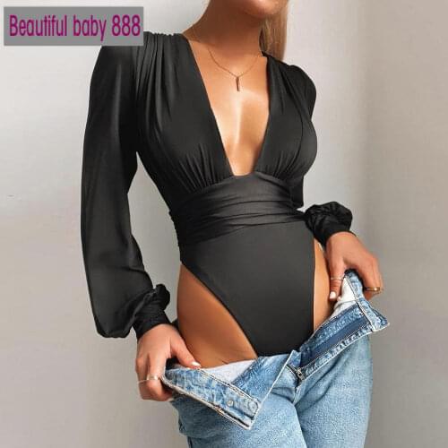 Meqeiss Sexy Deep V-neck Long Sleeve Bodysuit For Women Clubwear Autumn Fashion Basic Playsuit Street Casual Wear Jumpsuit Mujer