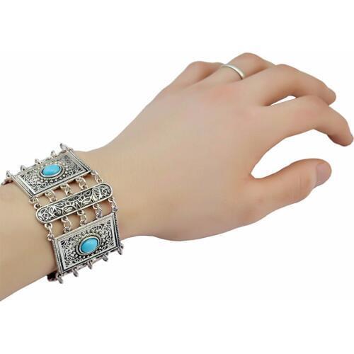 Gypsy Hippie Vintage color Metal Coin Bracelets Turkish Tribal Black Bule Resin Stone Carved Flower Bracelet & Bangle For Girl