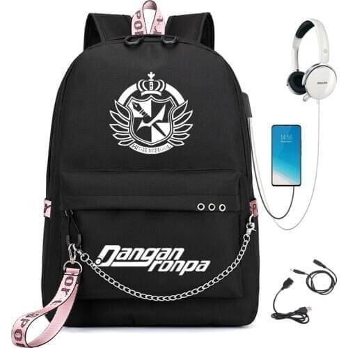 Anime Danganronpa: Trigger Happy Chain Backpack For Women USB Charge Canvas Student Backpack For Teenagers Boys Girls School Bag
