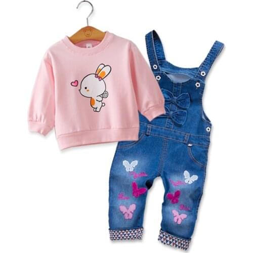 IENENS Girl Long Sleeves Clothing Sets Outfits Baby cotton Casual Clothes Suits Kids T-shirt + Denim Overalls Set Fit 1-4 Years