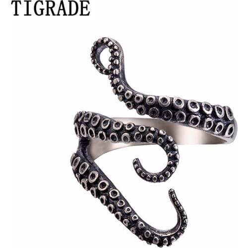 TIGRADE Stainless Steel Gothic Deep Sea Squid Octopus Ring Fashion Vintage Jewelry Opened Adjustable Rings For Women Men bague