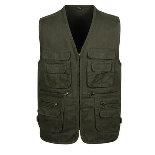 Mens Cotton Sleeveless Fishing Vest Multi-pocket Loose Outdoor Lightweight Work Vest Camping Photography Reporter Hiking Jacket