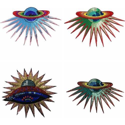Sequined Planet Spaceship Patches Iron on Appliques Embroidered Patch for Clothes T-shirt DIY Decoration Accessories 2pcs/lot
