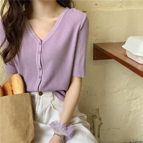 New fashion girl summer clothing knitted jacket slim short cardigan women summer tops short sleeve v-neck blouse