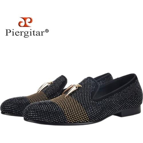 Piergitar 2021 New Style Mixed Colors Rhinestone men shoes leather upper and insole Party and wedding Slip-on mens loafers