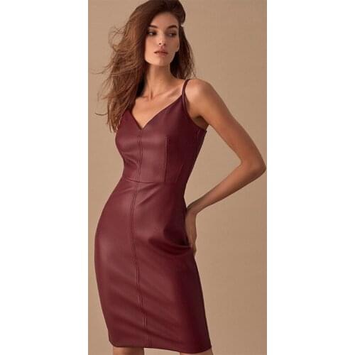 Sexy PU Leather Mid Dress Spaghetti Strap Zipper Bodycon 2021 Summer Oversized Ladies Dresses Party Night Club Women Clothing