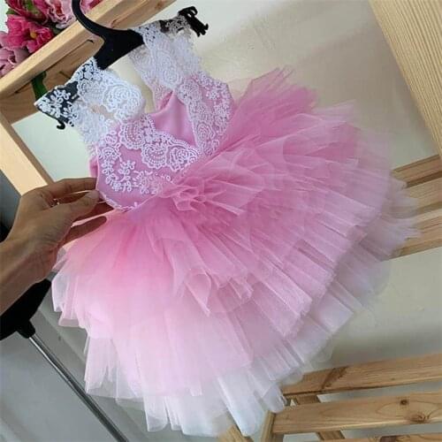 Custom Pink Tulle Baby Girls Dresses White Lace Tiered Skirt Infant Girls First Birthday Dress Kid Clothes