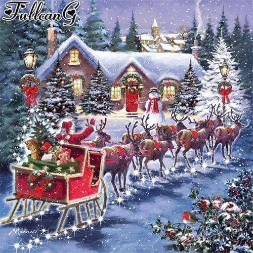 FULLCANG diy full square/round diamond painting Santas Sleigh 5d diamond mazayka embroidery snow house deer wall decor FC1922
