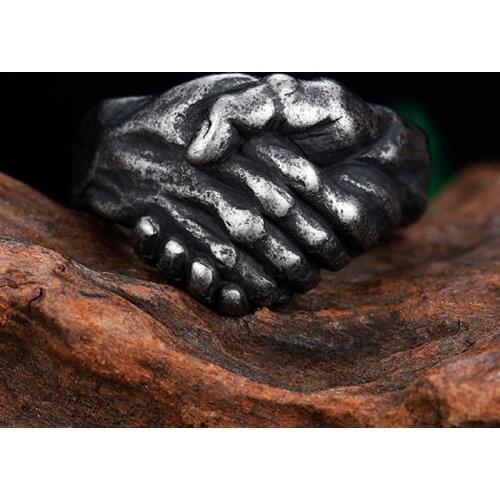 Dropshipping Punk Rock Unique Silver Color 316L Stainless Steel Shake Hands Ring Mens Biker Jewelry Party Gift