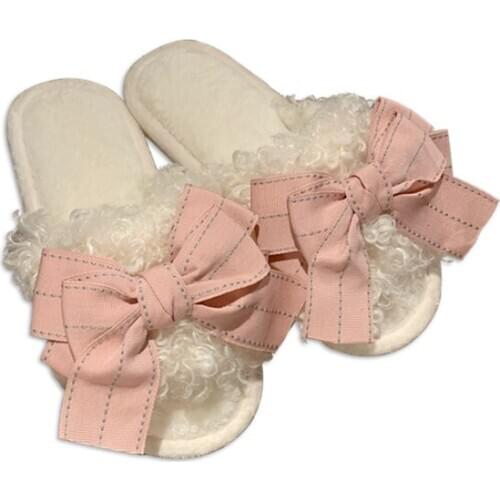 Cute Bowknot Plush Slippers Women Home Soft Female Shoes Winter Ladies Warm House Slipper 36-41 Fleeces Sandles