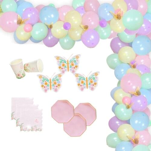 Butterfly Birthday Decorations Pastel Balloons Garland Disposable Tableware for Garden Floral Spring Party Wedding Decor