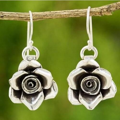 Vintage Silver Color Rose Flower Dangle Earrings for Women Boho Ethnic Hook Earrings Female Wedding Party Jewelry Wholesale