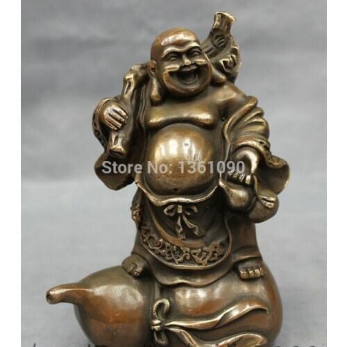 Xd 00225 Chinese Bronze Copper Wealth Money Bag Happy Laugh Maitreya Buddha Gourd Statue