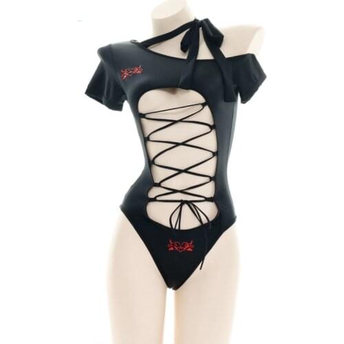 Japanese Lolita Hollow Out Sukumizu Printing Halter Lace Up Swimwear Underwear Sexy Womens Black One-Piece Pajamas Swimsuit