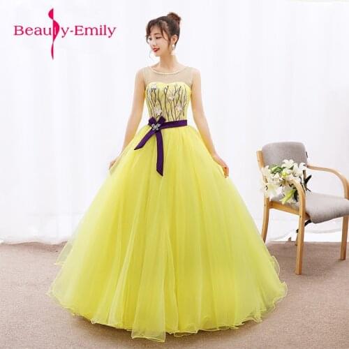 Bright yellow tulle Appliques O-neck Long Evening Dresses 2018 Sleeveless ribbon belt Beading Party Formal Dress Customized
