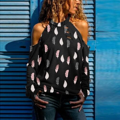 Women Casual Off Shoulder Halloween Tshirt Hollow Out Long Sleeve Shirt Tops Fashion Halter Tshirt Camiseta Mujer Verano #G3