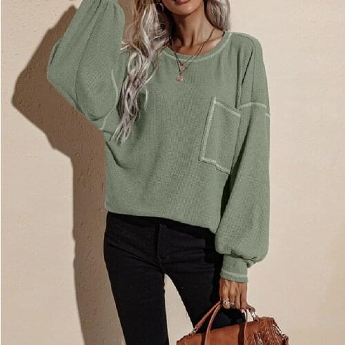 Women Sweater Oversize Casual Loose Long Batwing Sleeve Waffle Jumpers Fashion O-Neck Sweaters Vintage Pullovers Pocket Tops XL