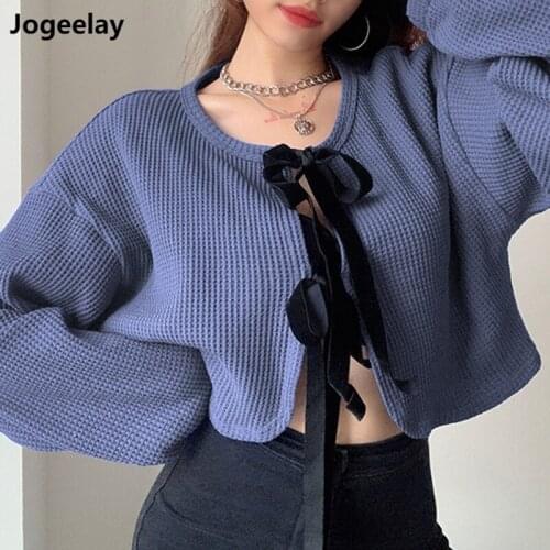 Womens V Neck Solid Ribbed Lace Up Butterfly Cardigan Knit Long Sleeve Blue Loose Top Sweaters T-Shirt