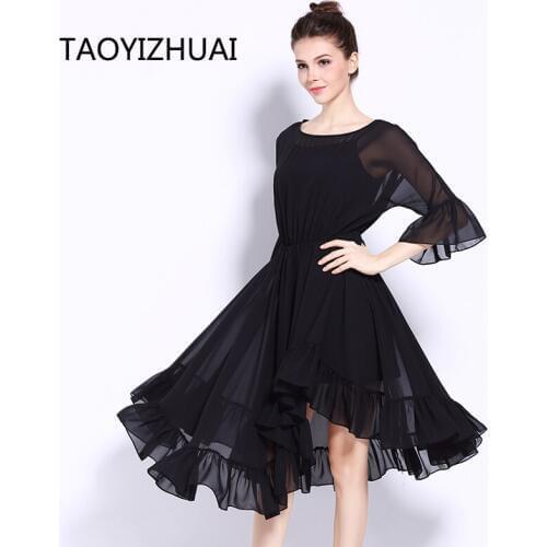 TAOYIZHUAI Summer three quarter knee length butterfly sleeve draped O neck natural black casual style asymmetrical dress 11580
