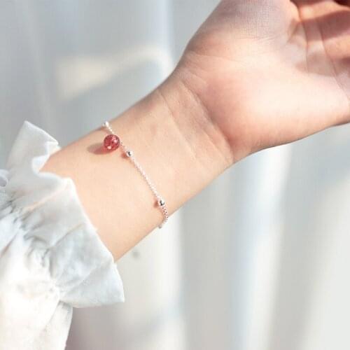 100% Real. 925 Sterling Silver Fine Jewelry Natural Strawberry Quartz Stone &Lucky Beads Chain Bracelet Statement C-S2173