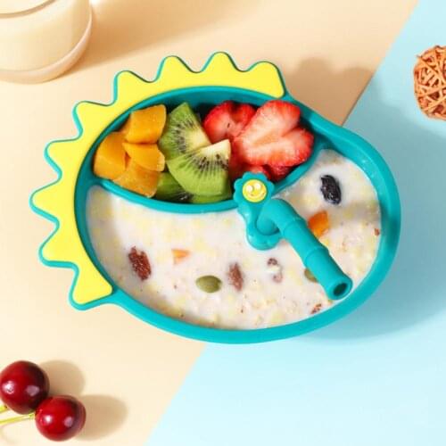 2Pcs/Set Baby Plate Grid Design Heat Resistant Silicone Baby Suction Dinner Plate with Straw for Household