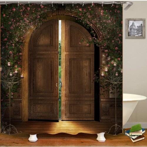 3D Wooden Door Printed Shower Curtains Set Hook Home Decoration Bathroom Curtain Frabic Waterproof Polyester Bath Curtain
