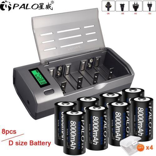 PALO 8pcs D size rechargeable battery D type nimh battery+LCD smart C D battery smart charger for 1.2V AA AAA SC C D battery