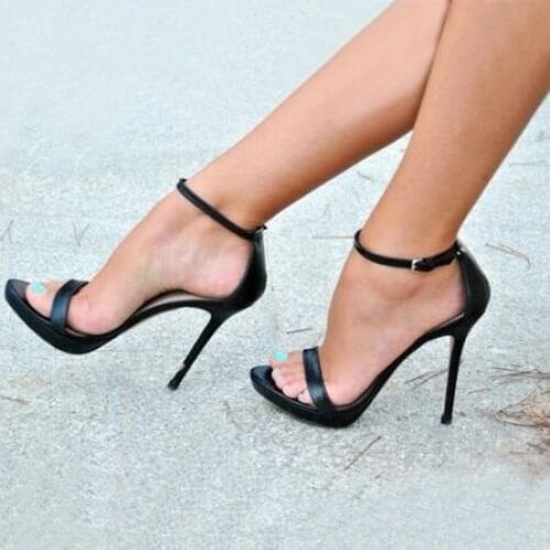 Black Open Toe Ankle Strap Thin Heels Dress Party Shoes One Buckle Strap Summer High Heel Sexy Concise Style Shoes Lady