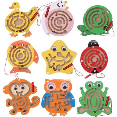 Wooden Magnetic Track Maze Toy Cute Animal Wood Toy Brain Teaser Intellectual Jigsaw Board For Kids Early Educational Puzzle Gam