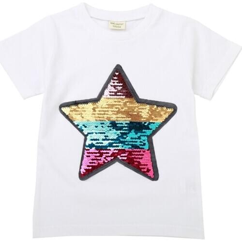 Childrens Clothing Summer Top Cartoon Sequins Star Pattern Unisex Round Neck Christmas Baby Short Sleeve T-Shirt футболка