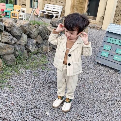 Childrens Formal Suit 2021 Autumn New Boys' Korean Cool Striped Turn-down Collar Long Sleeve Pants Fashion Two Piece Set