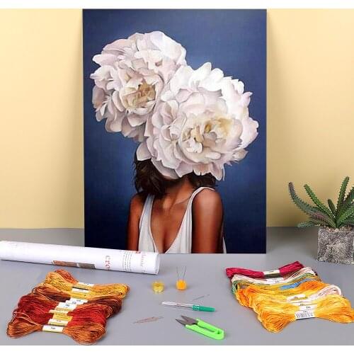 Girl Flower Printed Fabric 11CT Cross-Stitch Embroidery Complete Kit DMC Threads Handmade Needlework Painting Knitting Sales