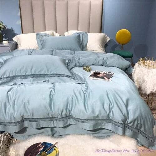 1.8mBed Flat Sheet 80TC Pure color double-sided Lenzing Tencel Bedding Set simple Nordic American lyocell silky quilt cover Blue